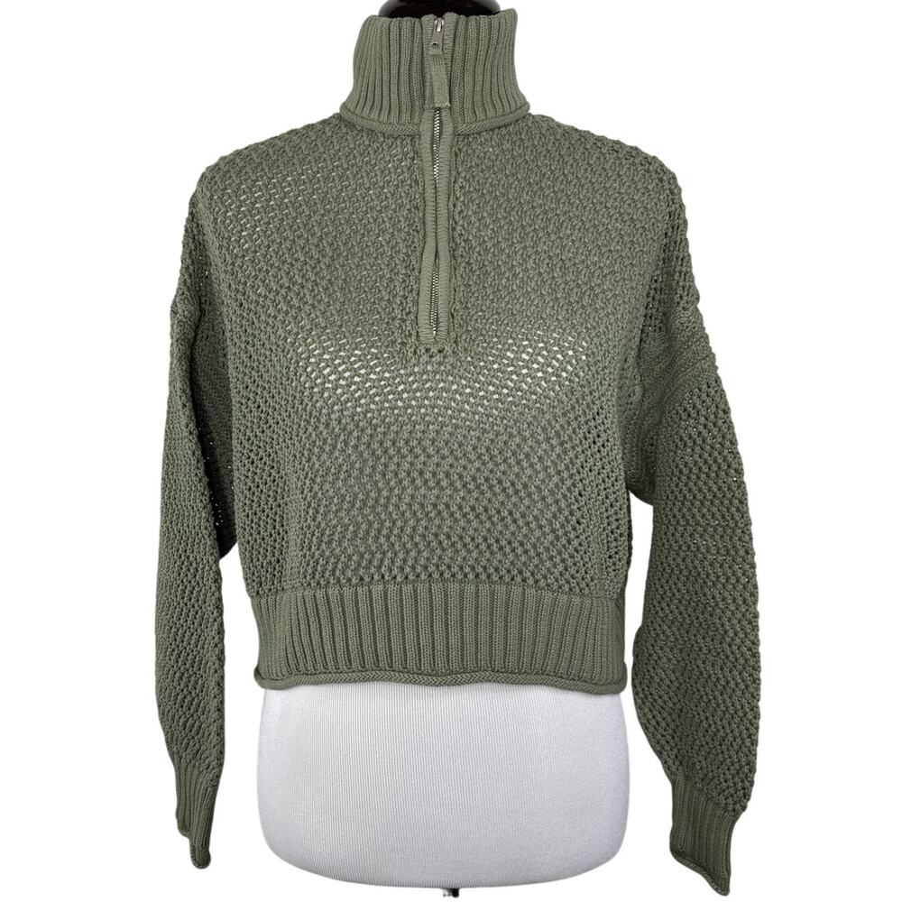 Aerie Crochet Quarter Zip Sweater, Sage, XS